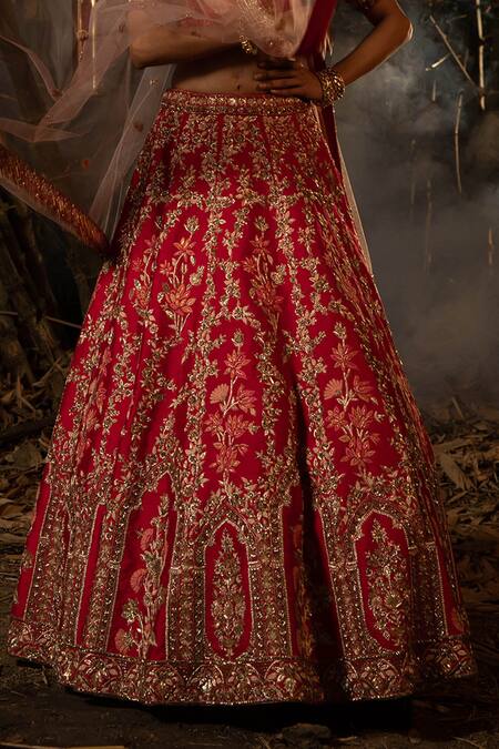Kalighata_Red Raw Silk V Neck Embroidered Bridal Lehenga Set _at_Aza_Fashions