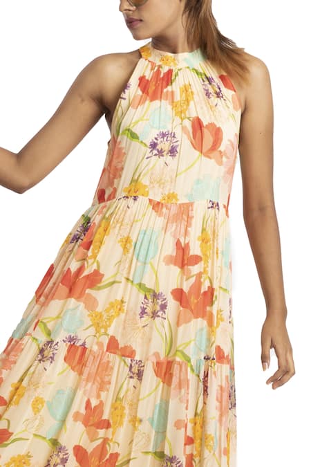 Shop Seams Pret And Couture Multi Color Georgette Floral Motifs Round Print Tiered Dress at Aza Fashions Shop_Seams Pret And Couture_Multi Color Georgette Floral Motifs Round Print Tiered Dress _at_Aza_Fashions