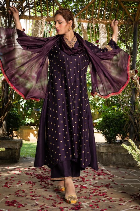 Label Niti Bothra Purple Dupion Embroidery Overlap Kurta And Palazzo Set 