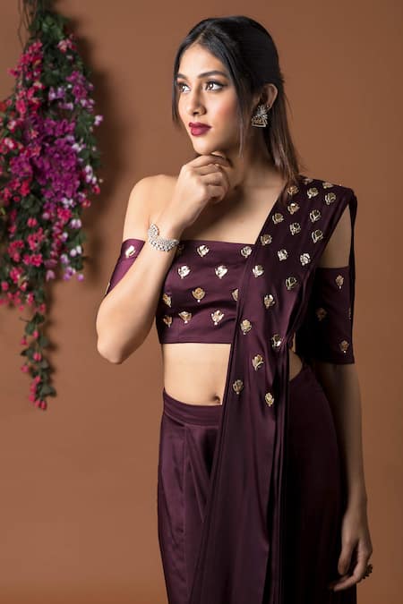 Mehak Murpana_Maroon Milano Satin One Shoulder Dhoti Saree With Blouse_Online_at_Aza_Fashions