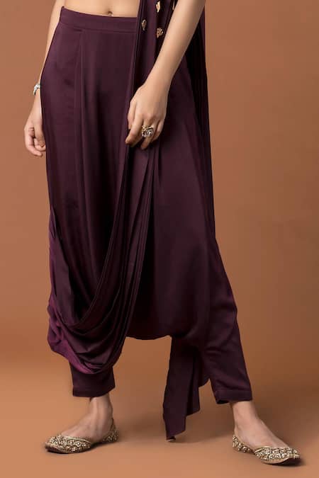 Buy_Mehak Murpana_Maroon Milano Satin One Shoulder Dhoti Saree With Blouse_Online_at_Aza_Fashions