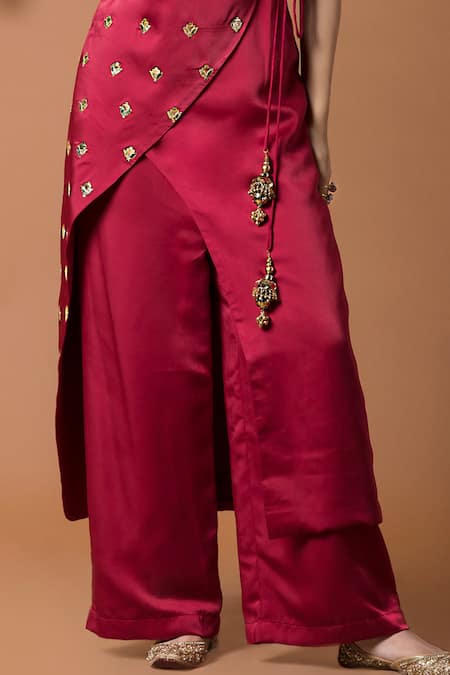 Buy_Mehak Murpana_Red Milano Satin V Neck Asymmetric Kurta And Pant Set_Online_at_Aza_Fashions