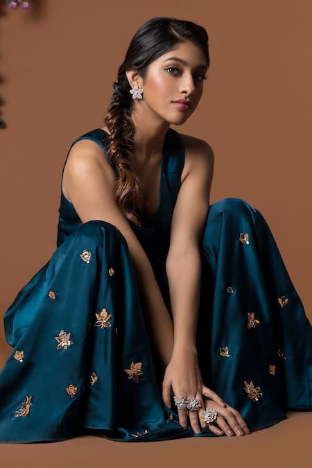 Mehak Murpana_Blue Milano Satin Round Embroidered Flared Jumpsuit _Online_at_Aza_Fashions