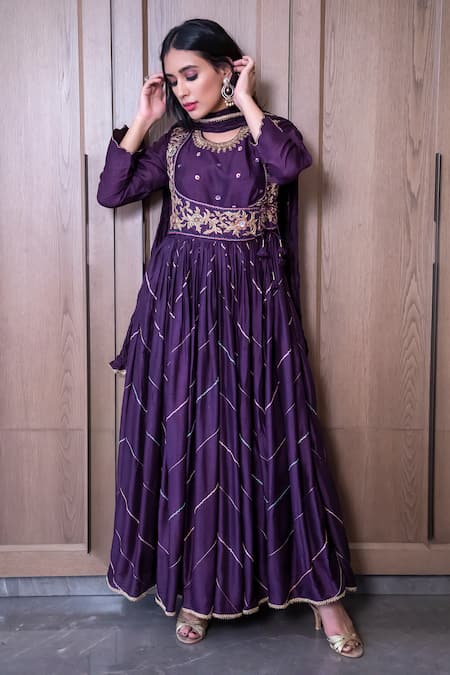 Shop_Label Niti Bothra_Purple Dupion Round Embroidered Angarkha Set _at_Aza_Fashions
