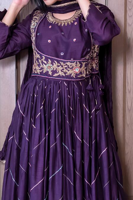 Label Niti Bothra_Purple Dupion Round Embroidered Angarkha Set _Online_at_Aza_Fashions