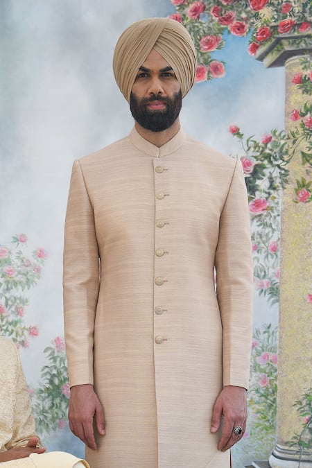 Shop_Punit Arora_Beige Modal , Matka Sherwani Set _at_Aza_Fashions