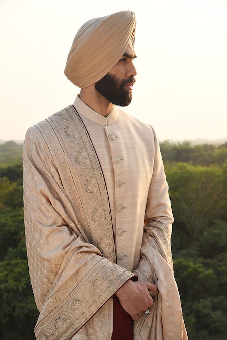 Punit Arora_Beige Modal , Matka Sherwani Set _Online_at_Aza_Fashions