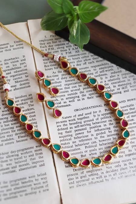 Curio Cottage_Red 22k Gold Kundan Necklace Set_Online_at_Aza_Fashions