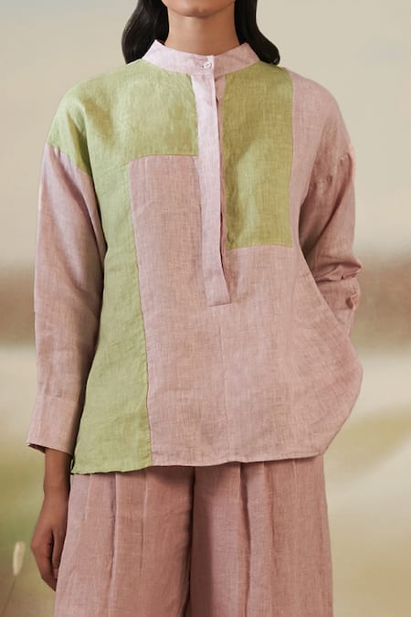 Buy Febo6 Pink Linen Plain Band Collar Colorblock Top And Pant Set Online at Aza Fashions Buy_Febo6_Pink Linen Plain Band Collar Colorblock Top And Pant Set _Online_at_Aza_Fashions