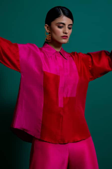Buy Febo6 Red 100% Silk Shirt Collar Color Block Online at Aza Fashions Buy_Febo6_Red 100% Silk Shirt Collar Color Block _Online_at_Aza_Fashions