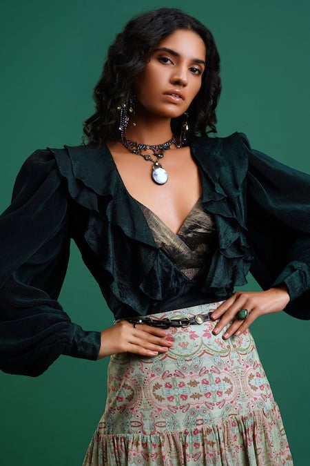 Nidhi Yasha_Green Viscose V Neck Ruffled Top _Online_at_Aza_Fashions