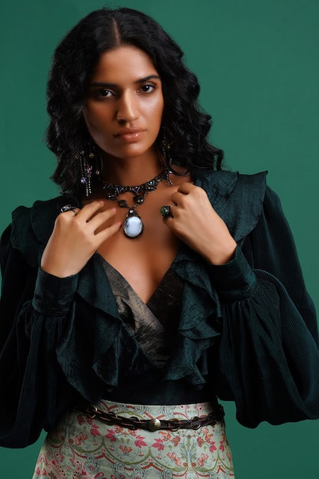 Buy_Nidhi Yasha_Green Viscose V Neck Ruffled Top _Online_at_Aza_Fashions