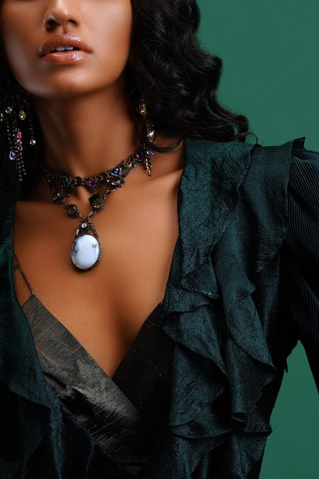 Shop_Nidhi Yasha_Green Viscose V Neck Ruffled Top _Online_at_Aza_Fashions