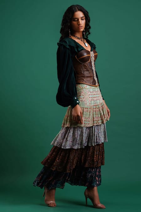 Buy_Nidhi Yasha_Brown Viscose Sweetheart Neck Lace Corset Top _Online_at_Aza_Fashions