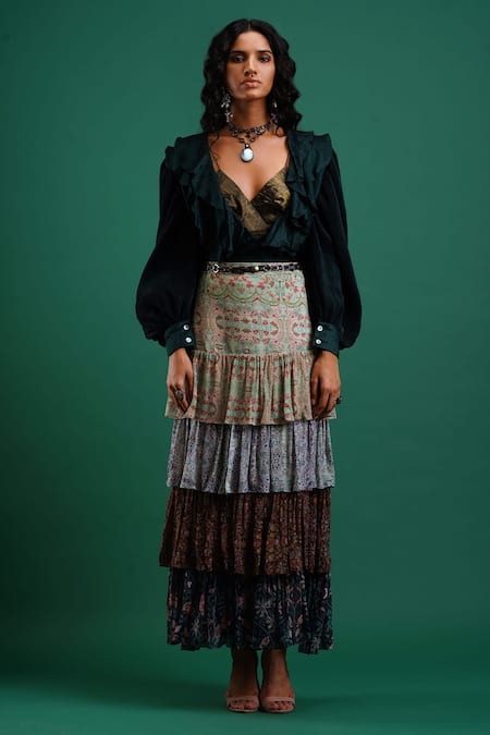 Shop_Nidhi Yasha_Brown Viscose Sweetheart Neck Lace Corset Top _Online_at_Aza_Fashions