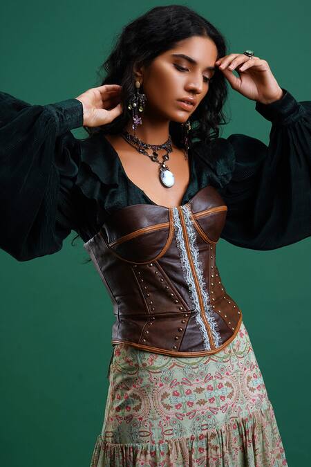Nidhi Yasha_Brown Viscose Sweetheart Neck Lace Corset Top _at_Aza_Fashions