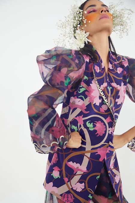 Limerick By Abirr N' Nanki Blue Organza Printed Pant Online at Aza Fashions Limerick By Abirr N' Nanki_Blue Organza Printed Pant_Online_at_Aza_Fashions