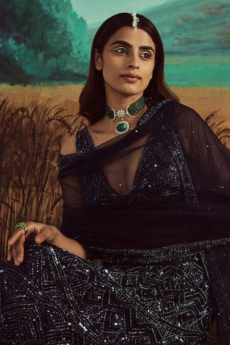 Angad Singh Blue Dupatta Net, Lehenga And Blouse Organza Hand Embroidered Bridal Set at Aza Fashions Angad Singh_Blue Dupatta Net, Lehenga And Blouse Organza Hand Embroidered Bridal Set _at_Aza_Fashions