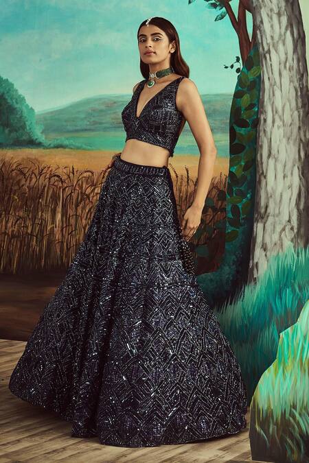Buy Angad Singh Blue Dupatta Net, Lehenga And Blouse Organza Hand Embroidered Bridal Set Online at Aza Fashions Buy_Angad Singh_Blue Dupatta Net, Lehenga And Blouse Organza Hand Embroidered Bridal Set _Online_at_Aza_Fashions