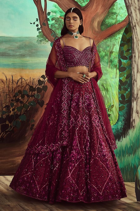 Angad Singh Wine Net Hand Embroidered Tonal Sequins Sweetheart Neck Bridal Lehenga Set 