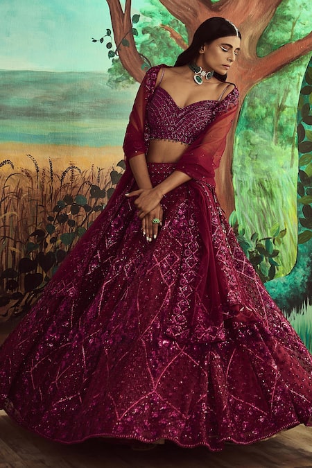 Buy Angad Singh Wine Net Crystals, Bugle Beads, Tonal Hand Embroidered Bridal Lehenga Set Online at Aza Fashions Buy_Angad Singh_Wine Net Crystals, Bugle Beads, Tonal Hand Embroidered Bridal Lehenga Set _Online_at_Aza_Fashions