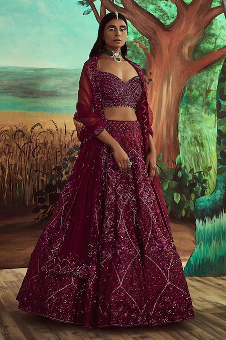 Angad Singh Wine Net Crystals, Bugle Beads, Tonal Hand Embroidered Bridal Lehenga Set Online at Aza Fashions Angad Singh_Wine Net Crystals, Bugle Beads, Tonal Hand Embroidered Bridal Lehenga Set _Online_at_Aza_Fashions