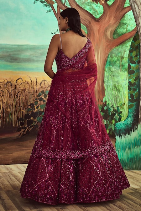 Shop Angad Singh Wine Net Crystals, Bugle Beads, Tonal Hand Embroidered Bridal Lehenga Set at Aza Fashions Shop_Angad Singh_Wine Net Crystals, Bugle Beads, Tonal Hand Embroidered Bridal Lehenga Set _at_Aza_Fashions