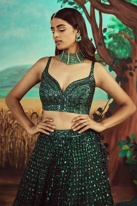 Shop Angad Singh Emerald Green Dupatta Net, Lehenga And Blouse Hand Embroidered Bridal Set Online at Aza Fashions Shop_Angad Singh_Emerald Green Dupatta Net, Lehenga And Blouse Hand Embroidered Bridal Set _Online_at_Aza_Fashions