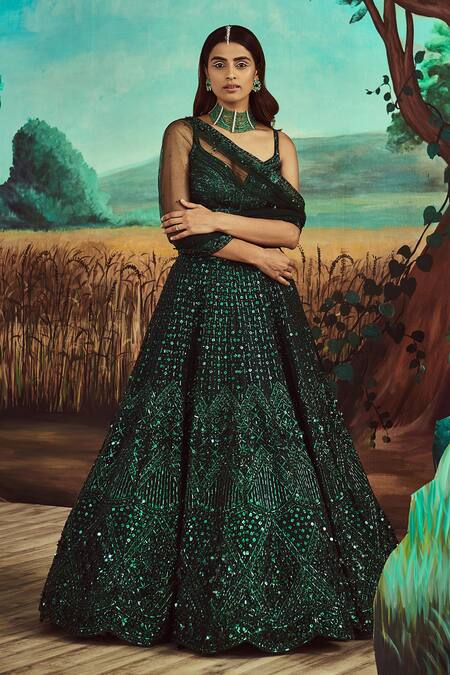 Angad Singh Emerald Green Dupatta Net, Lehenga And Blouse Hand Embroidered Bridal Set Online at Aza Fashions Angad Singh_Emerald Green Dupatta Net, Lehenga And Blouse Hand Embroidered Bridal Set _Online_at_Aza_Fashions