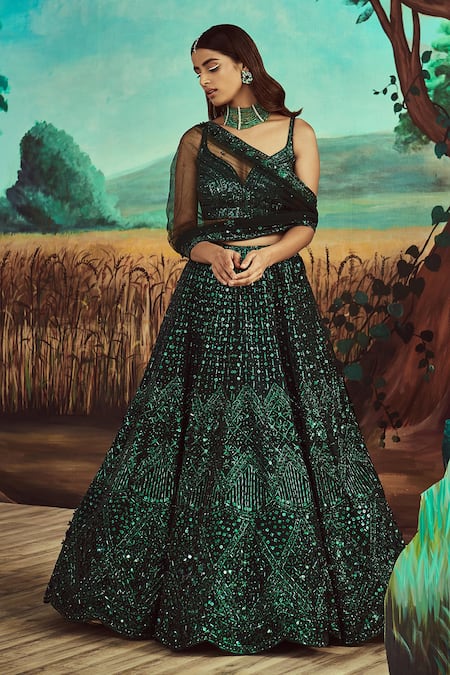 Angad Singh Emerald Green Lehenga And Blouse Organza Hand Embroidered 3d Sequins Bridal Set 