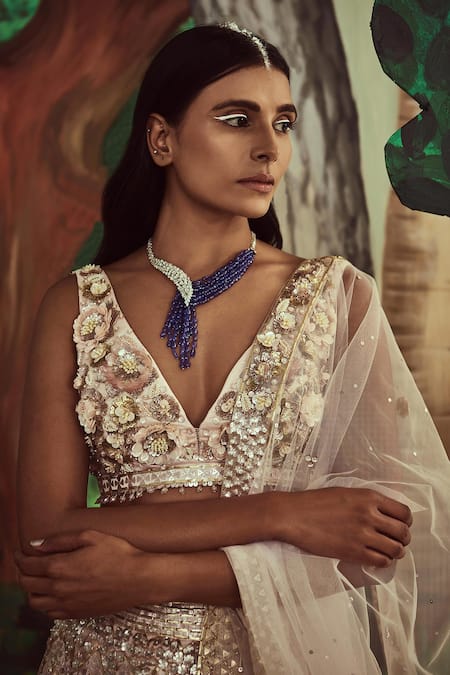 Shop Angad Singh Pink Dupatta Net, Lehenga And Blouse Organza Floral Embroidered Bridal Set Online at Aza Fashions Shop_Angad Singh_Pink Dupatta Net, Lehenga And Blouse Organza Floral Embroidered Bridal Set _Online_at_Aza_Fashions