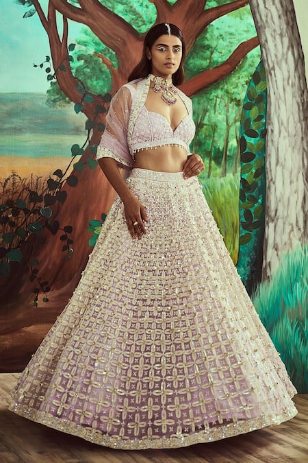 Angad Singh Purple Dupatta Net, Lehenga And Blouse Organza Pearl, Embroidered Bridal Set 