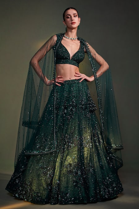 Shop_Angad Singh_Green Lehenga And Blouse Organza Dupatta Net Leaf Neck Embroidered Bridal Set _at_Aza_Fashions