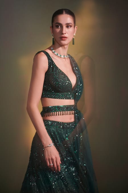 Angad Singh_Green Lehenga And Blouse Organza Dupatta Net Leaf Neck Embroidered Bridal Set _Online_at_Aza_Fashions