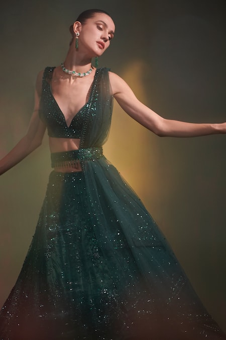 Buy Tonal Emerald Green Lehenga Set by Designer ANGAD SINGH Online