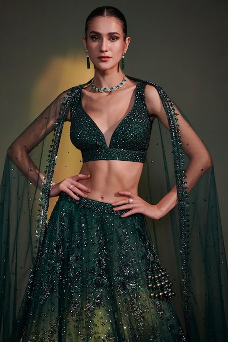 Shop_Angad Singh_Green Lehenga And Blouse Organza Dupatta Net Leaf Neck Embroidered Bridal Set _Online_at_Aza_Fashions