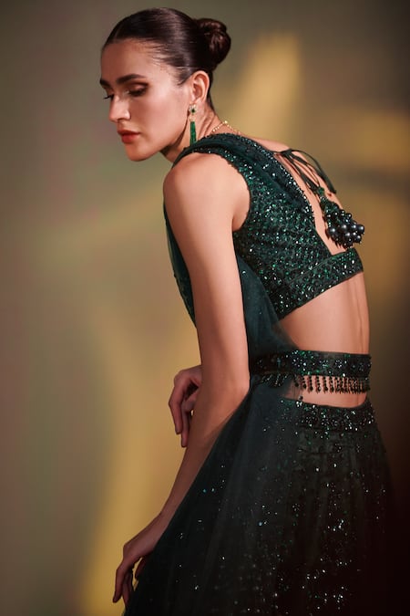Angad Singh_Green Lehenga And Blouse Organza Dupatta Net Leaf Neck Embroidered Bridal Set _at_Aza_Fashions