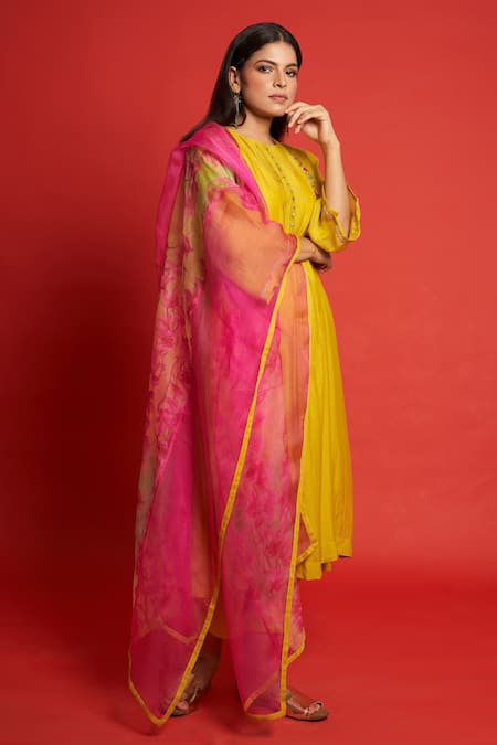 Priti Prashant_Yellow Cotton Mul And Sheer Frangipani Bodice Embroidered Kurta Pant Set _Online_at_Aza_Fashions