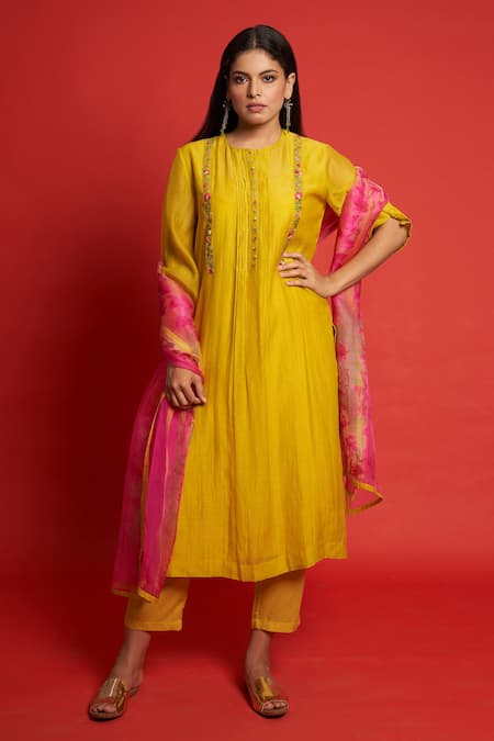 Buy_Priti Prashant_Yellow Cotton Mul And Sheer Frangipani Bodice Embroidered Kurta Pant Set _Online_at_Aza_Fashions