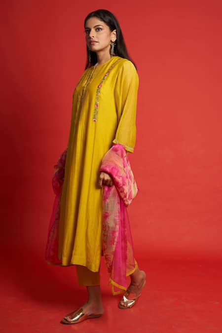 Shop_Priti Prashant_Yellow Cotton Mul And Sheer Frangipani Bodice Embroidered Kurta Pant Set _Online_at_Aza_Fashions