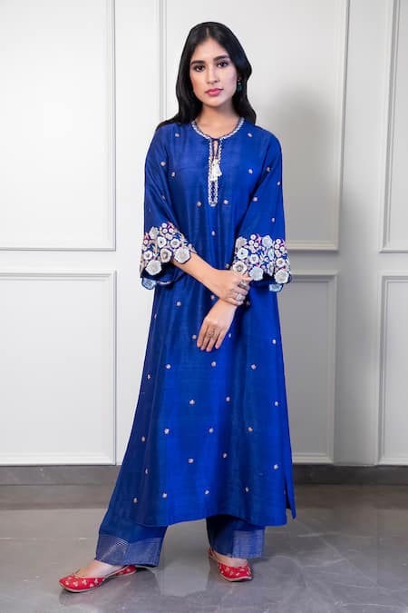 Buy Blue Kurta Silk Embroidery Notched And Palazzo Set For Women by ...
