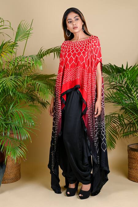 Dyelogue_Red Gajji Silk Bandhani Asymmetric Tunic _Online_at_Aza_Fashions