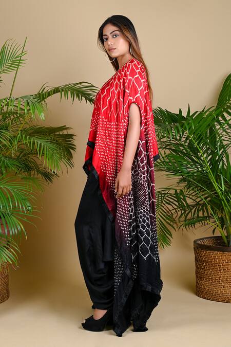 Buy_Dyelogue_Red Gajji Silk Bandhani Asymmetric Tunic _Online_at_Aza_Fashions