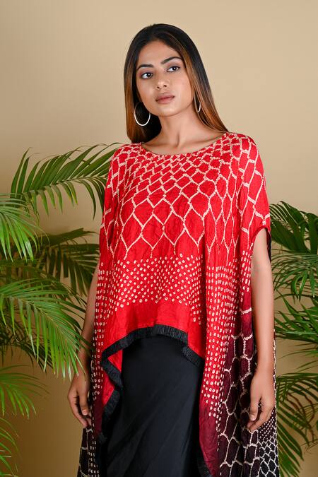 Shop_Dyelogue_Red Gajji Silk Bandhani Asymmetric Tunic _Online_at_Aza_Fashions