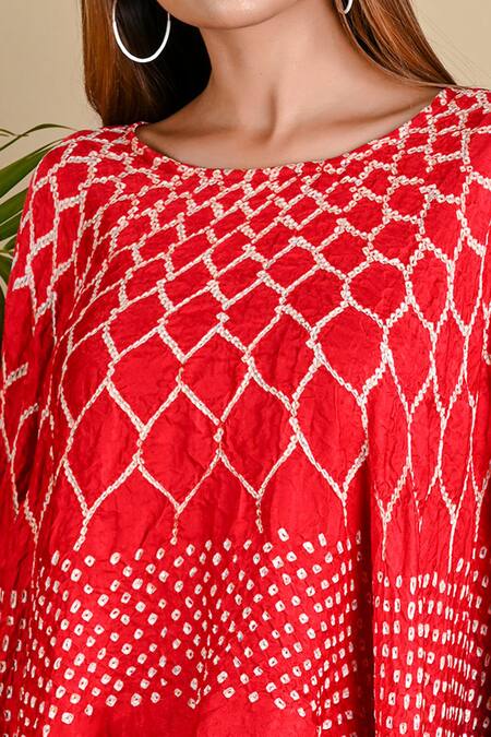 Dyelogue_Red Gajji Silk Bandhani Asymmetric Tunic _at_Aza_Fashions