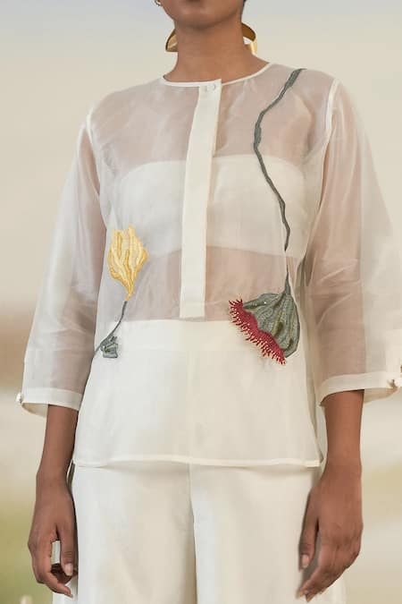 Buy Febo6 Off White Silk Organza Sequin, Wildflower Round Embroidered Top Online at Aza Fashions Buy_Febo6_Off White Silk Organza Sequin, Wildflower Round Embroidered Top _Online_at_Aza_Fashions