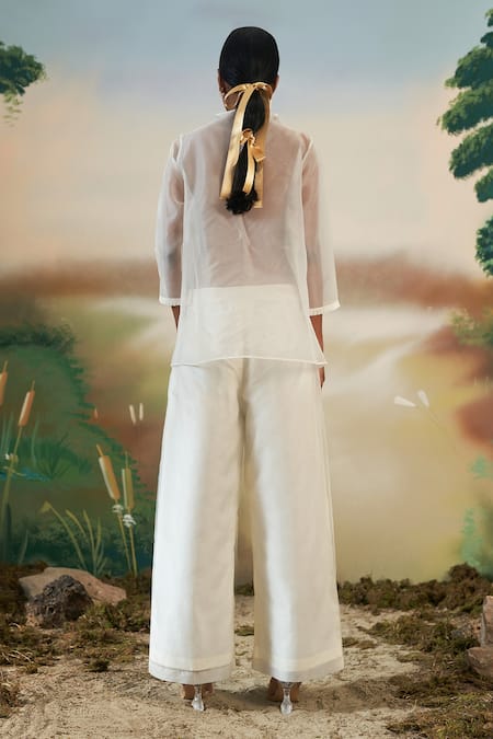 Shop Febo6 Off White Silk Organza Floral High Neck Pintuck Top at Aza Fashions Shop_Febo6_Off White Silk Organza Floral High Neck Pintuck Top _at_Aza_Fashions