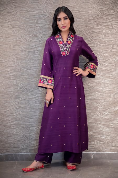 Shop Label Niti Bothra Purple Kurta Raw Silk Palazzo Cupro Velvet Overlap Resham Embroidered And Set at Aza Fashions Shop_Label Niti Bothra_Purple Kurta Raw Silk Palazzo Cupro Velvet Overlap Resham Embroidered And Set _at_Aza_Fashions