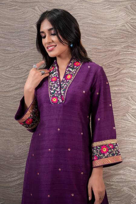 Label Niti Bothra Purple Kurta Raw Silk Palazzo Cupro Velvet Overlap Resham Embroidered And Set Online at Aza Fashions Label Niti Bothra_Purple Kurta Raw Silk Palazzo Cupro Velvet Overlap Resham Embroidered And Set _Online_at_Aza_Fashions