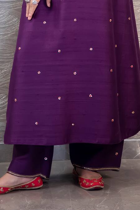 Shop Label Niti Bothra Purple Kurta Raw Silk Palazzo Cupro Velvet Overlap Resham Embroidered And Set Online at Aza Fashions Shop_Label Niti Bothra_Purple Kurta Raw Silk Palazzo Cupro Velvet Overlap Resham Embroidered And Set _Online_at_Aza_Fashions